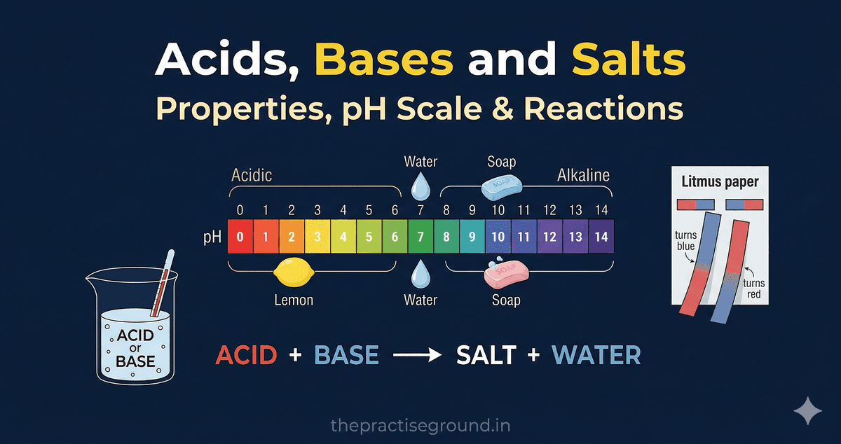 Acids Bases and Salts infographic showing pH scale and litmus test on dark navy background