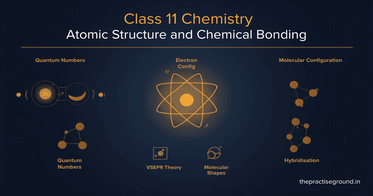 Class 11 Chemistry infographic showing atomic structure, quantum numbers, electron configuration, VSEPR theory, molecular shapes, and hybridisation