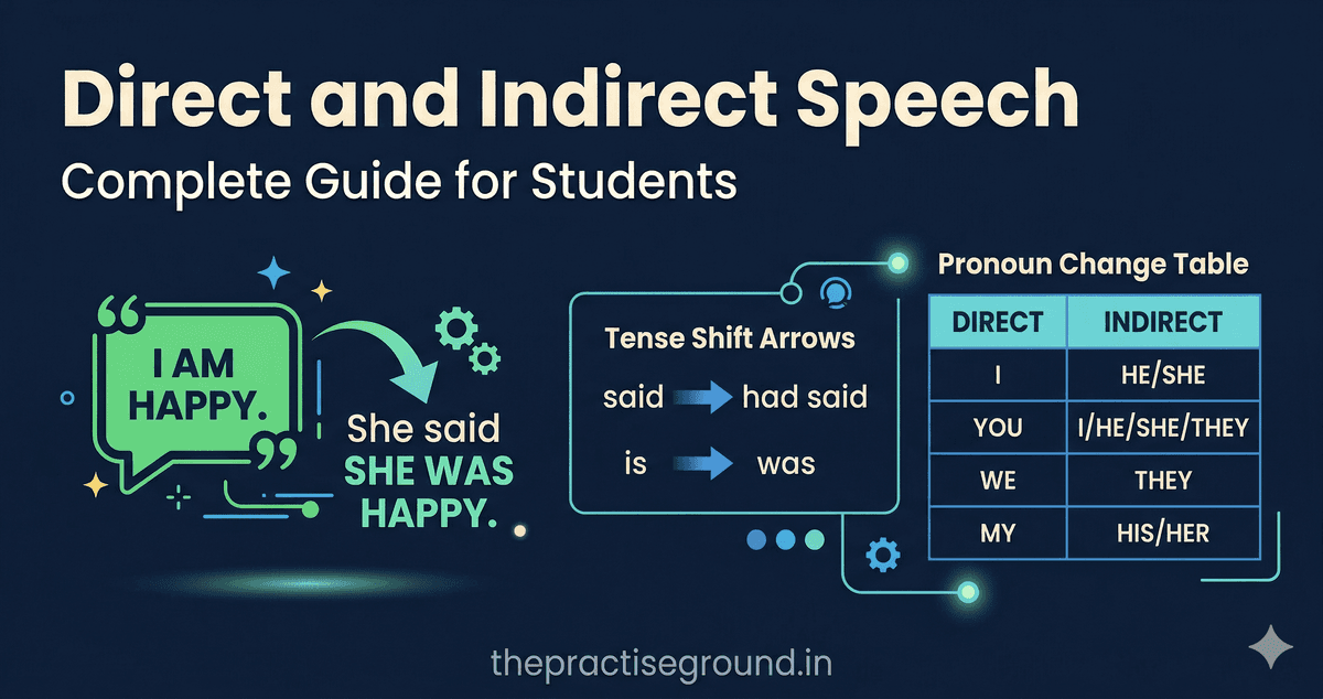 Direct and Indirect Speech infographic showing tense shift and pronoun changes on dark navy background