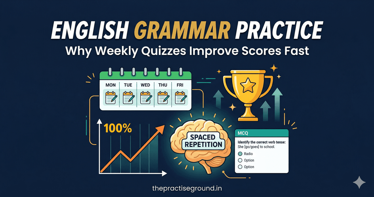 English Grammar Practice infographic showing weekly quiz benefits on dark navy background