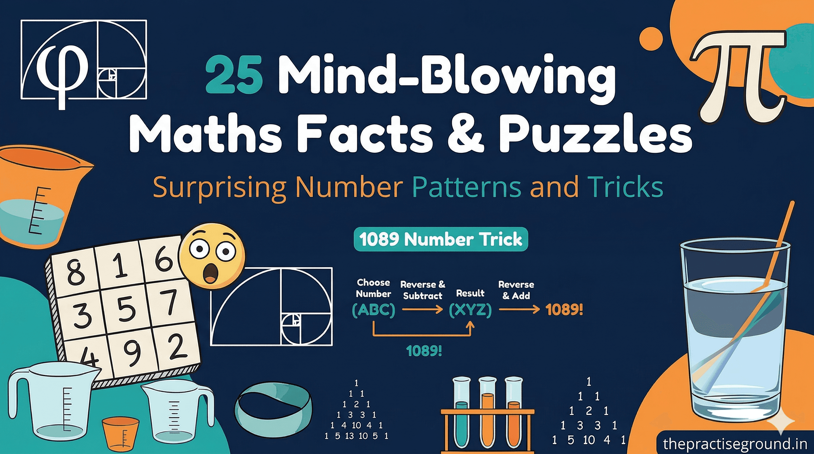 Fun Maths Facts and Puzzles infographic with Fibonacci spiral and number patterns on dark navy background