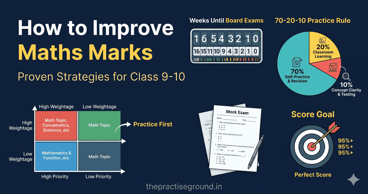 Improve Maths Marks infographic showing board exam prep strategies on dark navy background