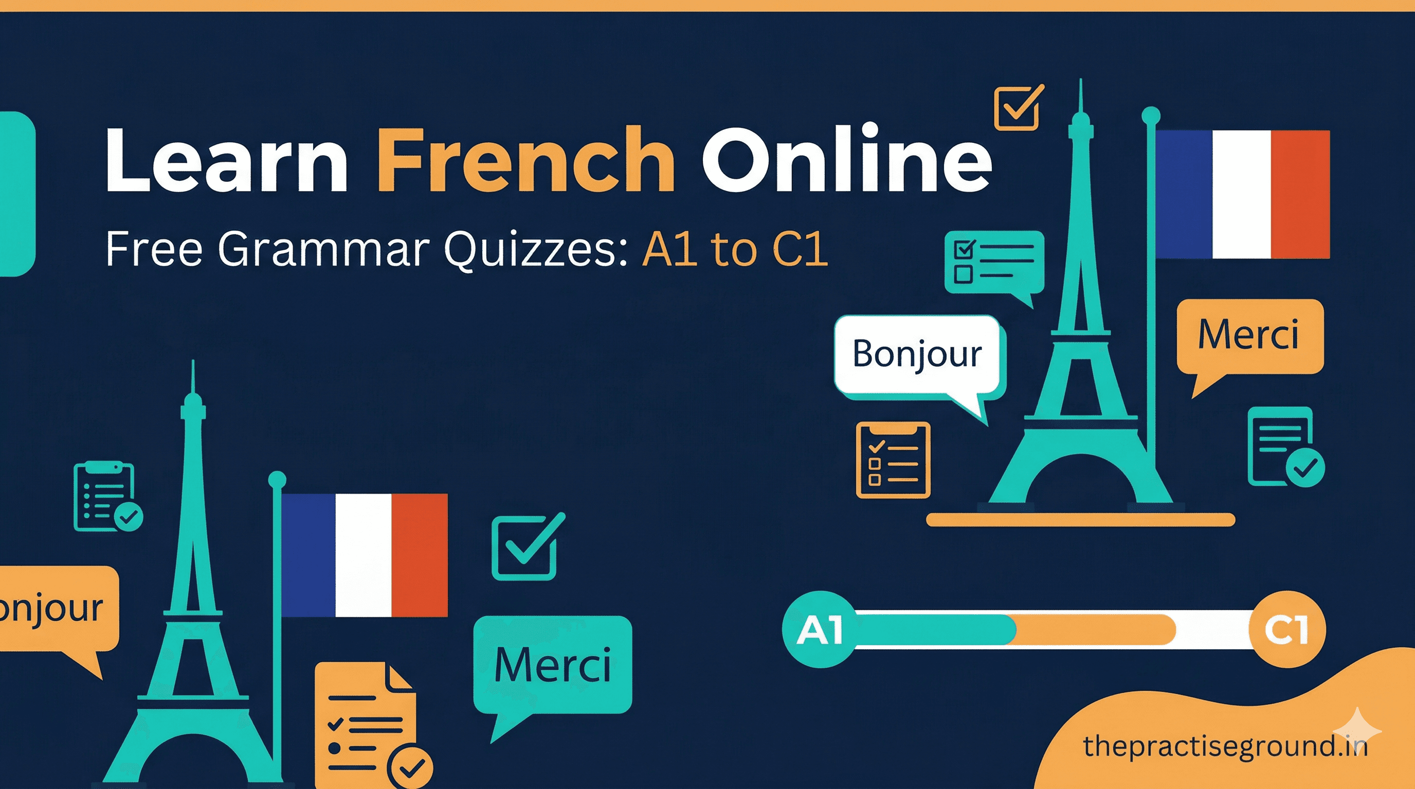 Learn French Online infographic showing A1 to C1 progression with Eiffel Tower and quiz icons on dark navy background