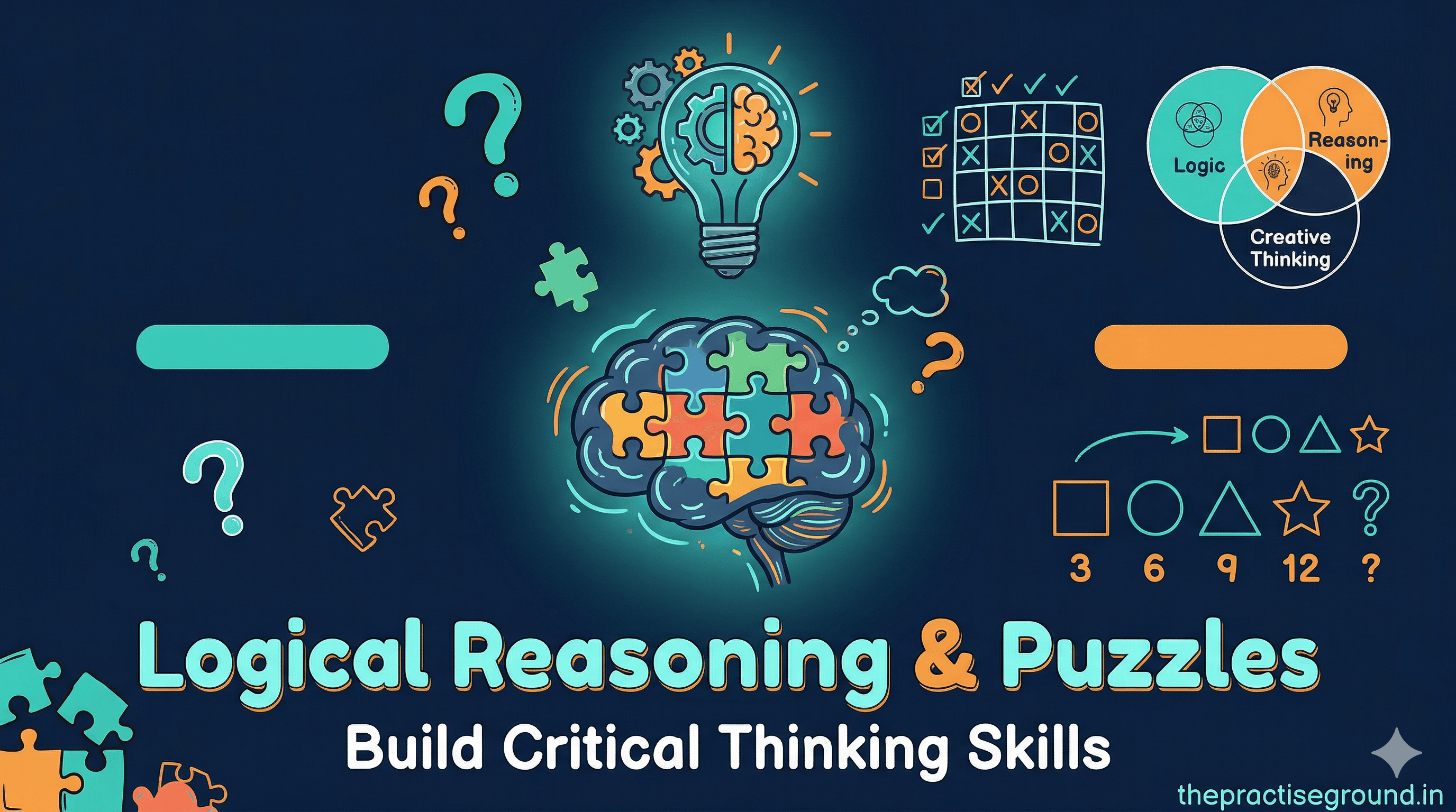 Logical Reasoning and Puzzles infographic with pattern sequences and brain teasers on dark navy background