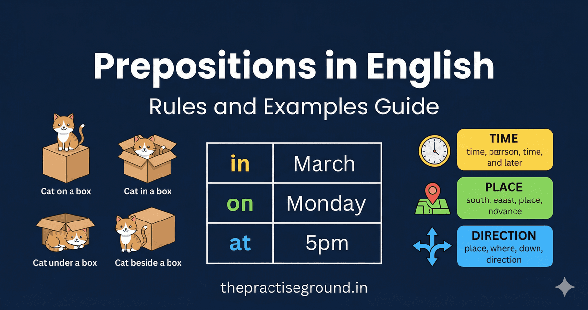 Prepositions infographic showing in, on, at usage rules with illustrations on dark navy background