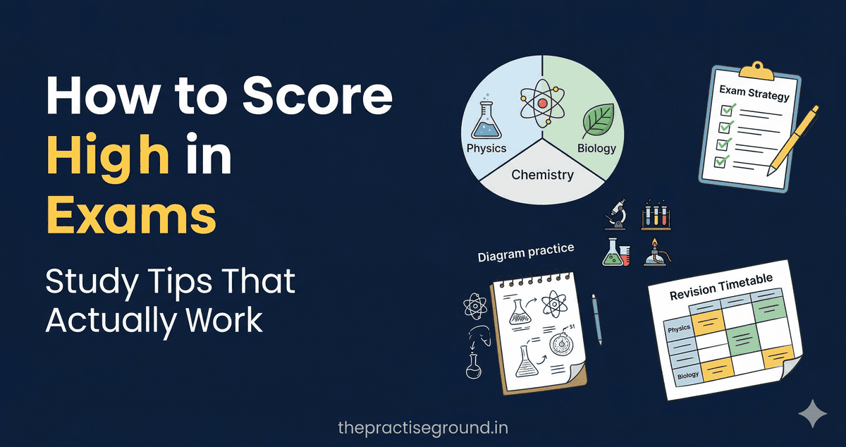 Science Exam Preparation infographic showing study strategies for all three sciences on dark navy background