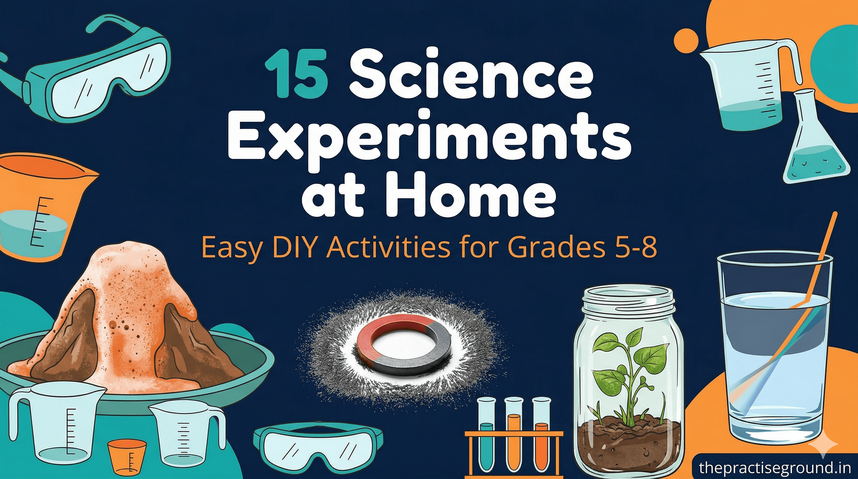 Science Experiments at Home infographic showing DIY activities for Grades 5-8 on dark navy background