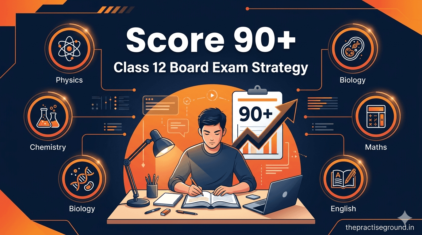 Score 90+ in Class 12 Board Exams infographic showing a student studying with Physics, Chemistry, Biology, Maths, and English subject icons