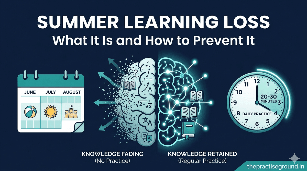 Summer Learning Loss infographic showing brain with knowledge fading vs retained, summer calendar, and 20-30 minutes daily practice clock