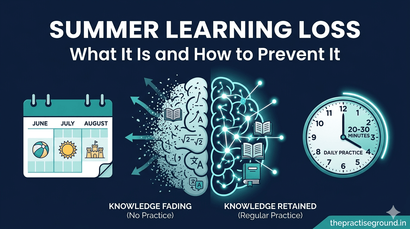 Summer Learning Loss infographic showing brain with knowledge fading vs retained, summer calendar, and 20-30 minutes daily practice clock