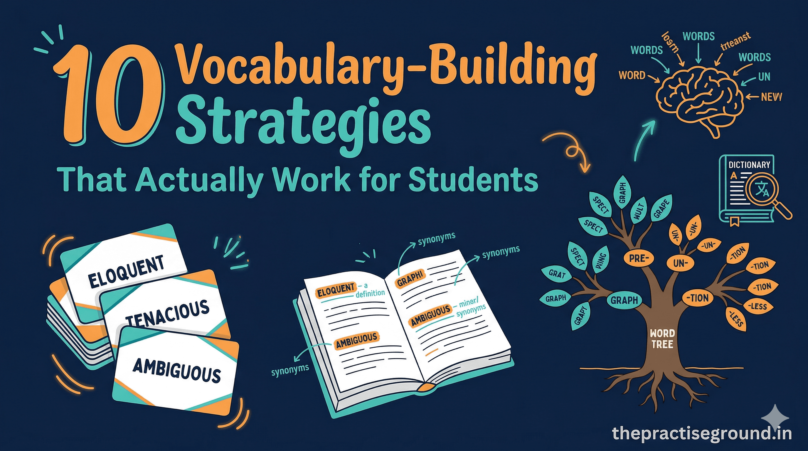Vocabulary Building Strategies infographic with flashcards, word roots, and reading methods on dark navy background