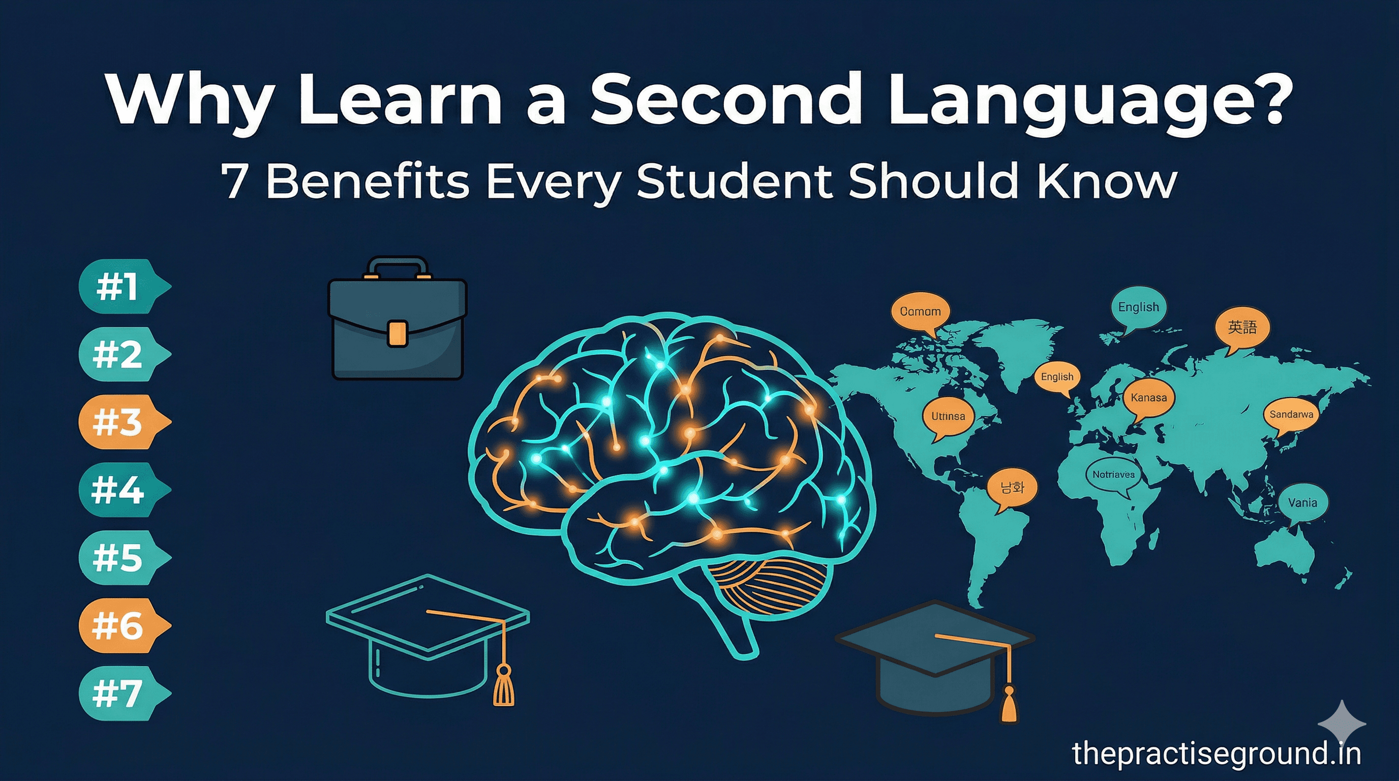 Benefits of learning a second language infographic with brain, world map, and career icons on dark navy background